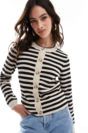 Object Knit button cardigan in cream and black stripe