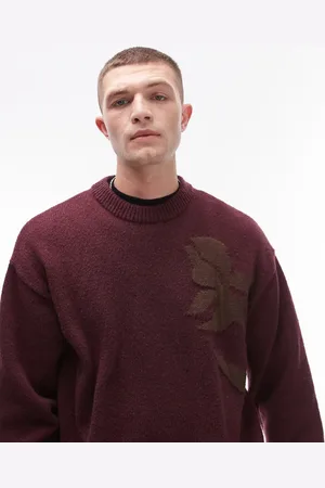 Topman Oversized sweater with floral jacquard in burgundy