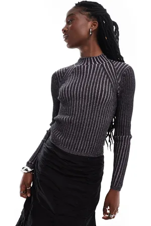Monki Long sleeve knit two tone top in black and pink