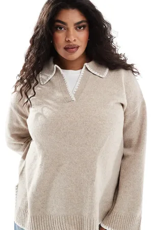 VILA V neck open collar sweater with contrast stitch in beige