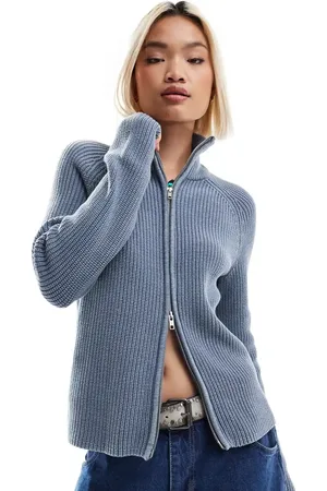 Monki Ribbed knit two way zip cardigan in blue acid wash