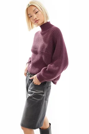 Monki Libby high neck rib knit sweater in burgundy