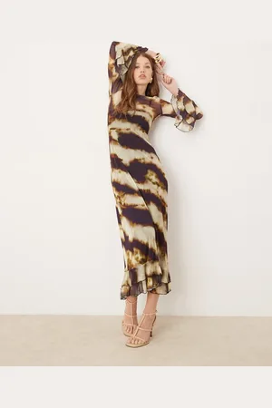 ASOS Mesh long sleeve ruffle maxi dress with tiered fluted sleeves in swirl print