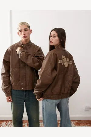 Reclaimed Unisex leather look washed dad bomber jacket with branding