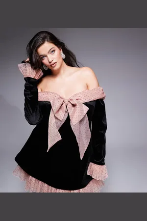 ASOS Curve velvet bardot mini dress with pleated textured organza in