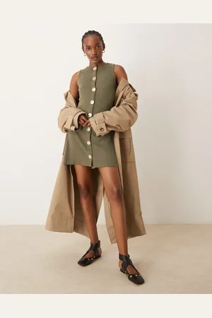 ASOS Sleeveless ribbed mini dress with gold buttons in khaki