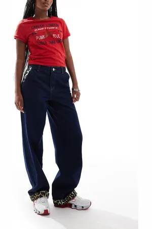 Noisy May High rise wide leg leopard trim jeans in indigo