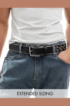 ASOS Faux leather belt with fire graphic and studs in