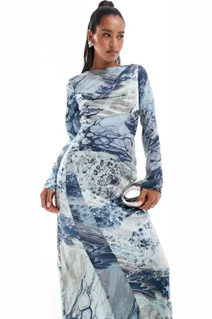 ASOS Cowl neck satin chiffon mix long sleeve maxi dress in marble abstract print