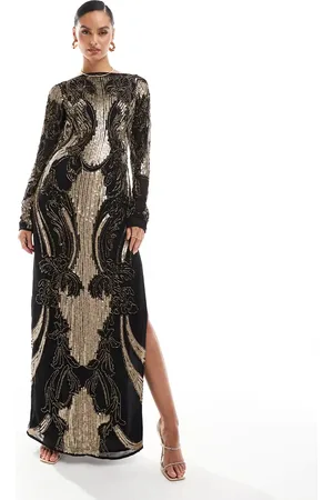 ASOS Embellished sheer long sleeve column maxi dress with open back in black and gold
