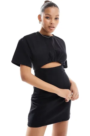 ASOS Denim mini dress with cut out knot detail in wash