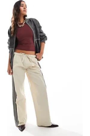Pull&Bear Side stripe wide leg nylon sweatpants in sand