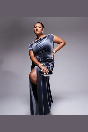 ASOS ASOS DESIGN Curve velvet premium asymmetric drape detail maxi dress with side split in charcoal