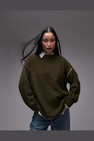 Topshop Knitted exposed contrast seam oversized sweater in khaki