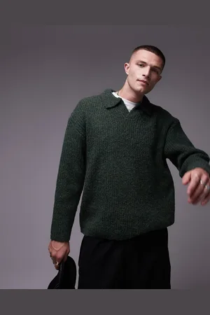 Topman Relaxed open collar sweater in khaki