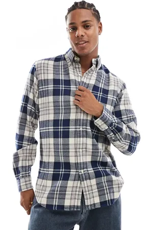 Ralph Lauren Icon logo plaid brushed flannel shirt in cream/navy