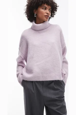 Topshop Knitted exposed seam roll neck relaxed sweater in lilac