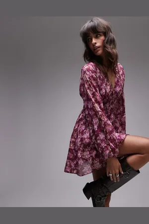 Free People V-neck floral mini dress in berry