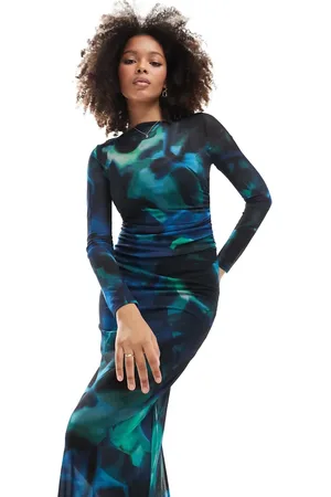 EVER NEW Long sleeve mesh maxi dress in cobalt blur print