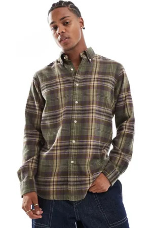 Ralph Lauren Icon logo plaid brushed flannel shirt in olive /brown