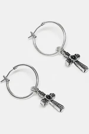 Reclaimed Unisex huggie hoop earrings with cross in burnished