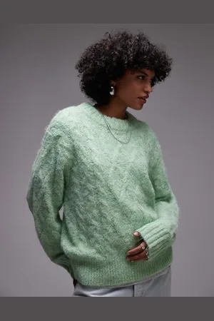 Topshop Knit fluffy cable crew relaxed sweater in light