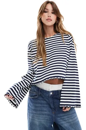 ASOS Lettuce hem long sleeve T-shirt in white and navy stripe
