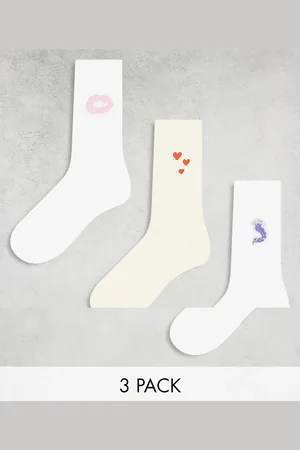 Monki 3 pack ankle socks in with multi color embroidery motifs