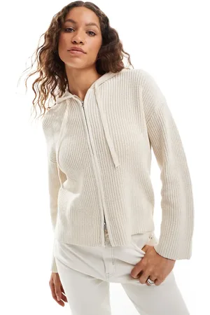 Monki Rib knit hoodie zip up cardigan in light beige