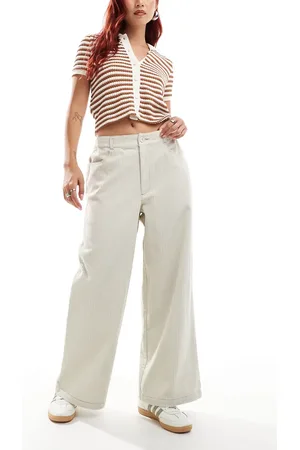ASOS Cord cropped wide leg pants with contrast stitch in cream