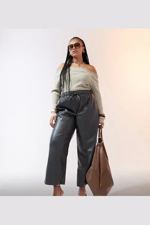 ASOS ASOS DESIGN Curve faux leather wide leg pull on pants in charcoal