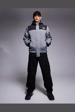 The North Face Highrail fleece insulated hooded jacket in heather and black
