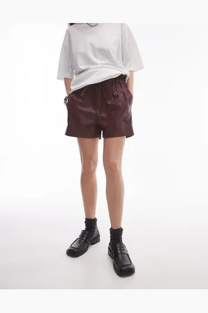 Topshop Faux leather paperbag shorts in burgundy