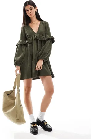 ASOS Cord smock mini dress with frill detail in deep olive