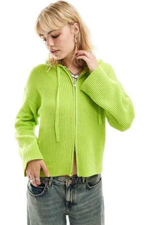 Monki Knit rib hoodie zip up cardigan in lime