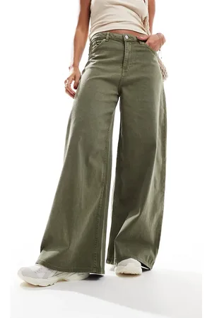 Monki Wide leg baggy denim pants in washed olive