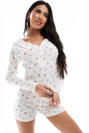 Kaiia Button up pointelle all in one unitard in cream floral