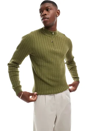 ASOS Essential muscle fit rib knit 1/2 zip sweater in khaki