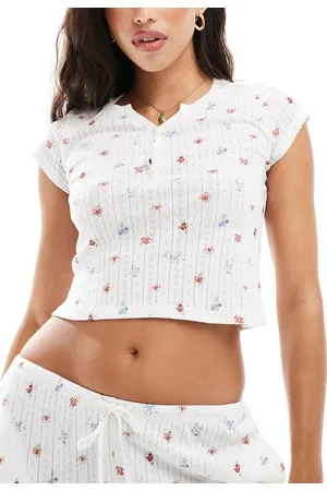 Kaiia Mix and match pointelle short sleeve button through pajama top in cream ditsy