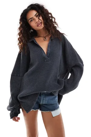 Free People Travis waffle oversized polo shirt in washed