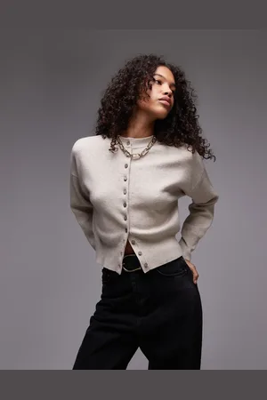 Topshop Knitted compact fitted waist cardigan in oat