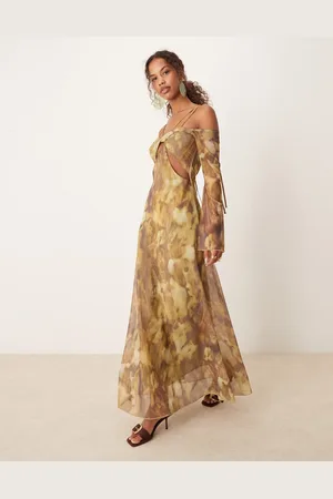ASOS Mesh twisted off the shoulder maxi dress with floaty sleeves in abstract print