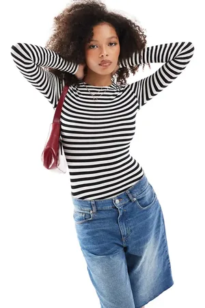 Miss Selfridge Long sleeve crew neck bodysuit in mono stripe