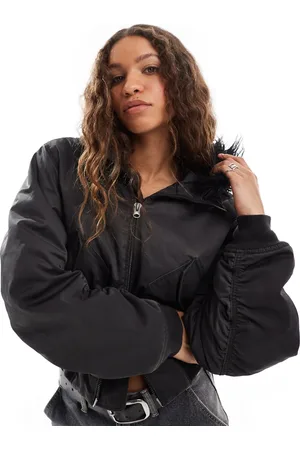 Weekday Gem bomber coat with faux fur hood in dark gray