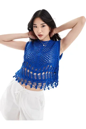 Stradivarius Crochet top with tassel hem in