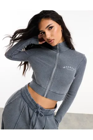 ASOS Weekend Collective waffle zip up sweatshirt with logo in acid washed - part of a set