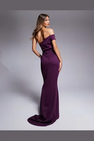 ASOS Premium off shoulder maxi dress with cross body pleat detail in plum