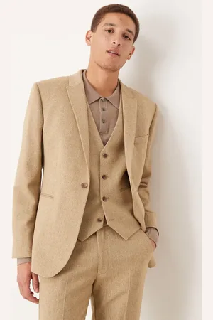 ASOS Wedding slim wool mix suit jacket in beige basketweave texture