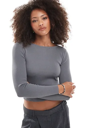 Miss Selfridge Compact knit long sleeve top in charcoal heather