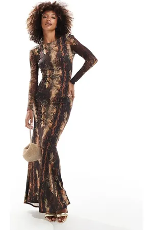 Flounce London Sheer sleeve maxi dress with fishtail in snake print